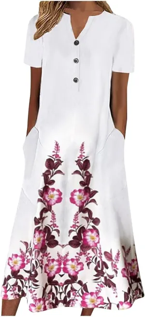 2023 Summer Dresses for Women Casual Stripe Button V Neck Sleeveless Pocket Long Holiday Dress Floral Beach Dress