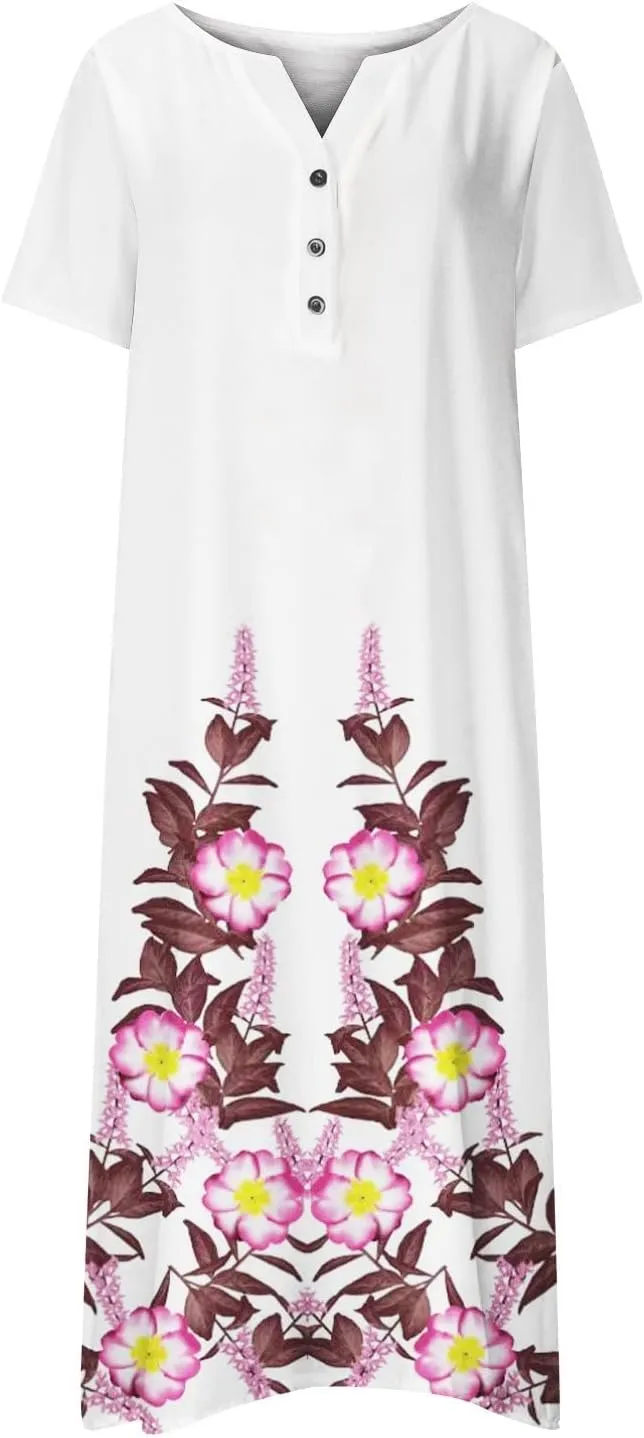 2023 Summer Dresses for Women Casual Stripe Button V Neck Sleeveless Pocket Long Holiday Dress Floral Beach Dress