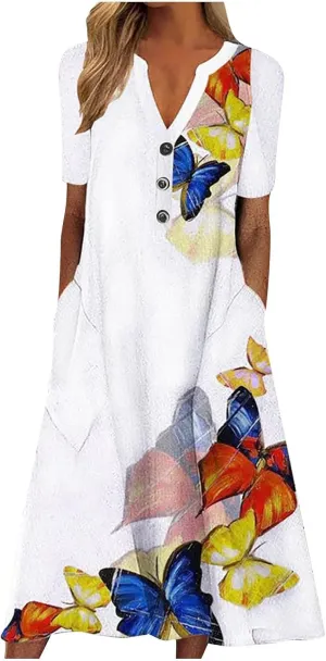 2023 Summer Dresses for Women Casual Stripe Button V Neck Sleeveless Pocket Long Holiday Dress Floral Beach Dress