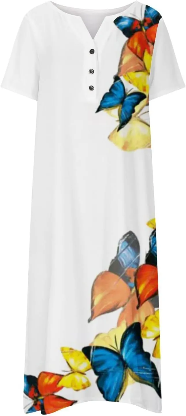 2023 Summer Dresses for Women Casual Stripe Button V Neck Sleeveless Pocket Long Holiday Dress Floral Beach Dress