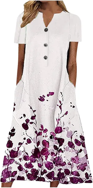 2023 Summer Dresses for Women Casual Stripe Button V Neck Sleeveless Pocket Long Holiday Dress Floral Beach Dress