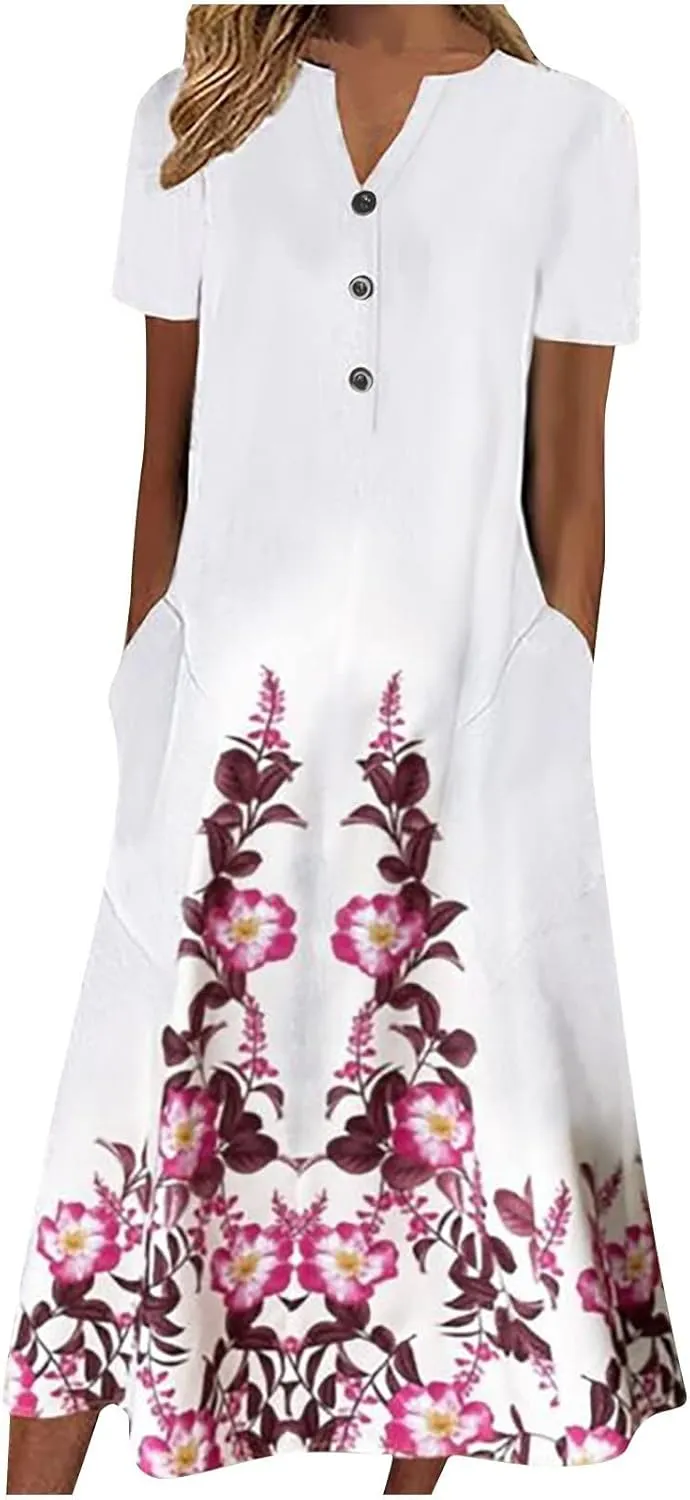 2023 Summer Dresses for Women Casual Stripe Button V Neck Sleeveless Pocket Long Holiday Dress Floral Beach Dress