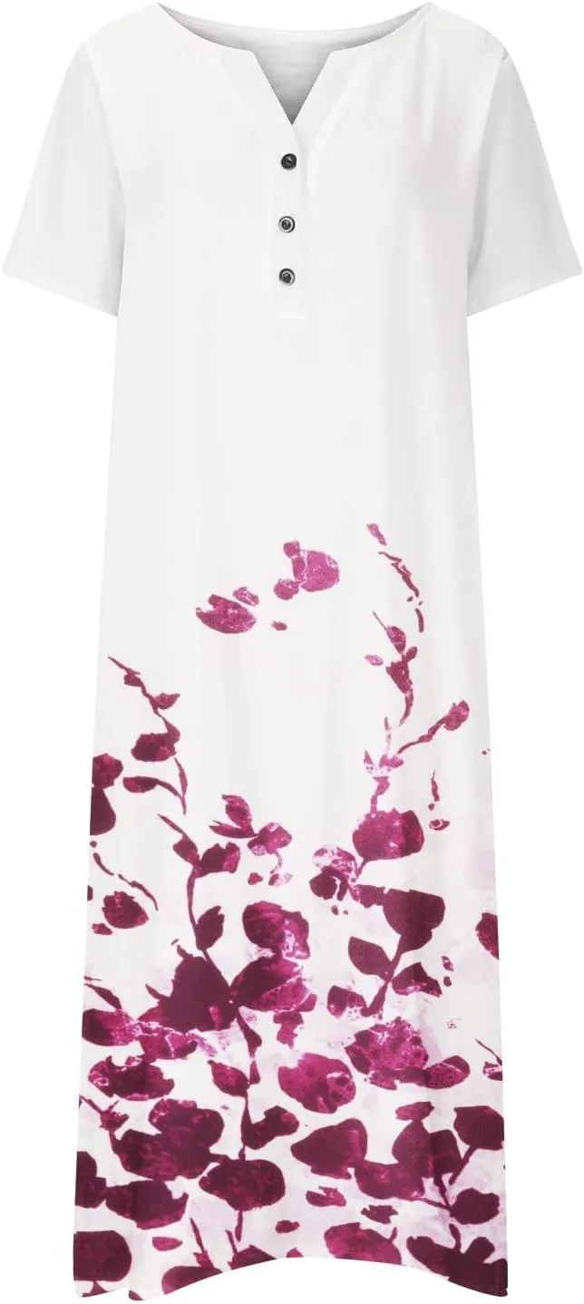 2023 Summer Dresses for Women Casual Stripe Button V Neck Sleeveless Pocket Long Holiday Dress Floral Beach Dress