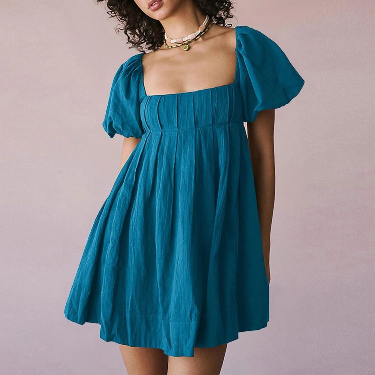 2025 Women's Puff Sleeve Sweet Mini Dress Square Neck Flowy Adorable and Retro Dresses for Picnics, Summer Vacations