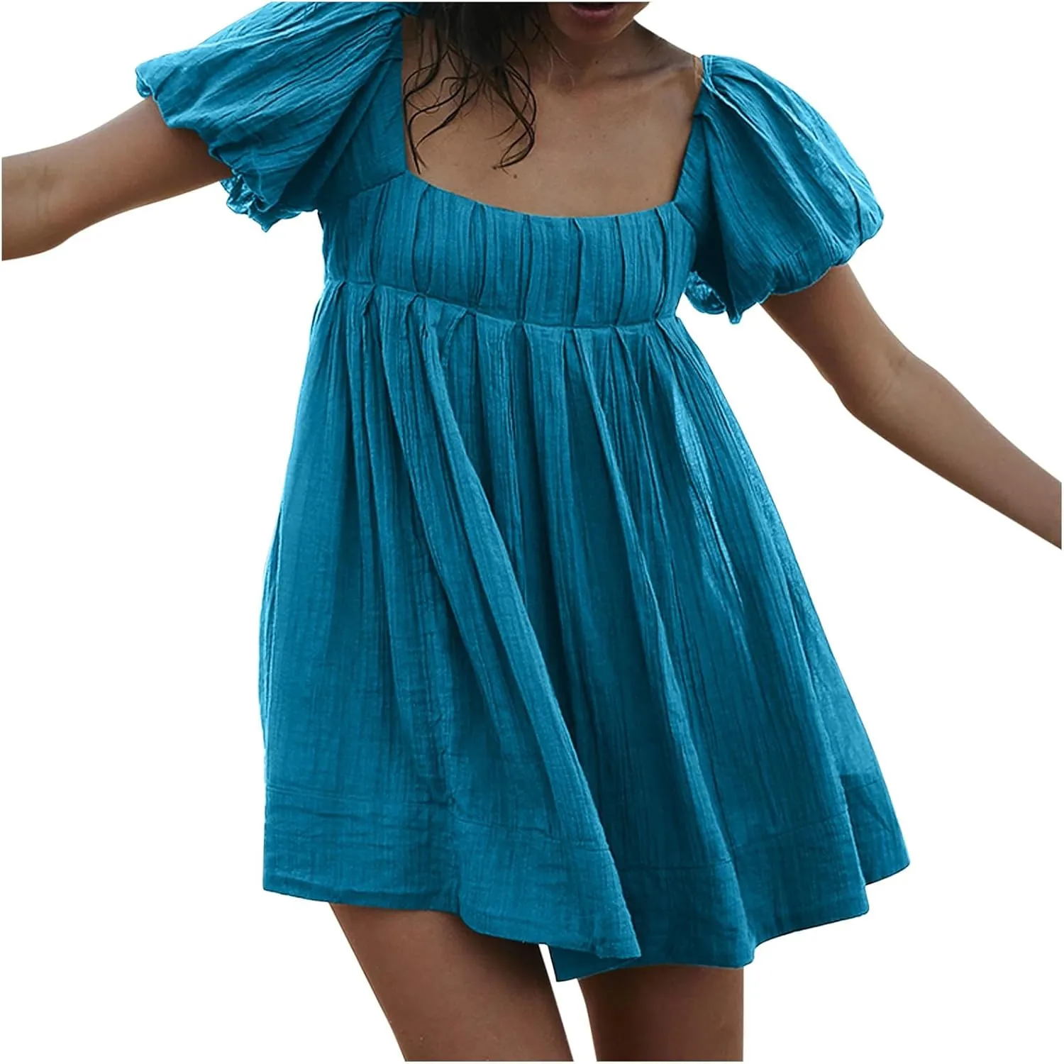 2025 Women's Puff Sleeve Sweet Mini Dress Square Neck Flowy Adorable and Retro Dresses for Picnics, Summer Vacations