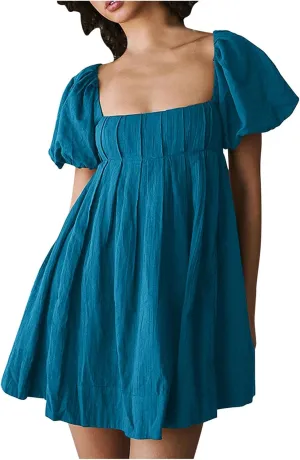 2025 Women's Puff Sleeve Sweet Mini Dress Square Neck Flowy Adorable and Retro Dresses for Picnics, Summer Vacations