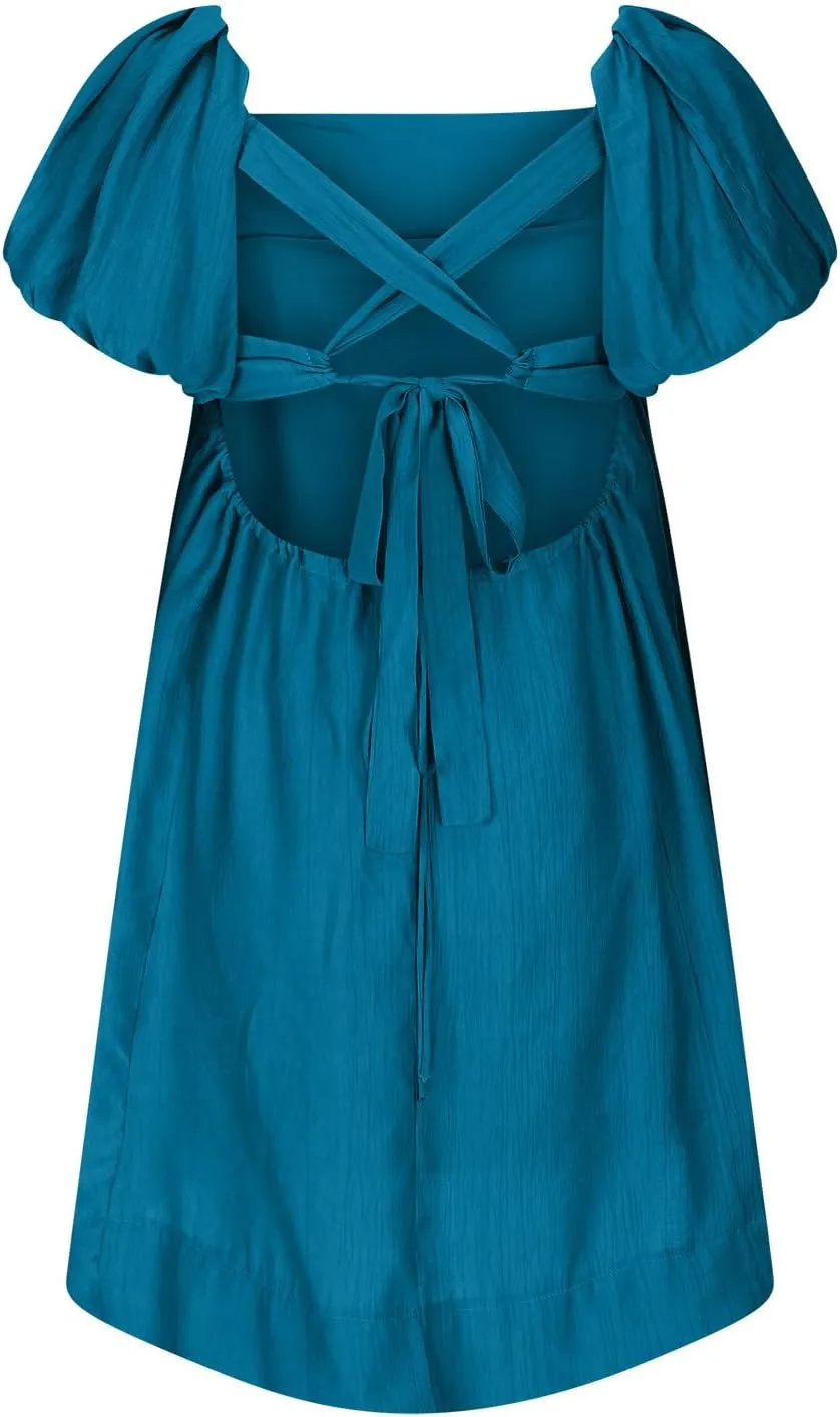 2025 Women's Puff Sleeve Sweet Mini Dress Square Neck Flowy Adorable and Retro Dresses for Picnics, Summer Vacations