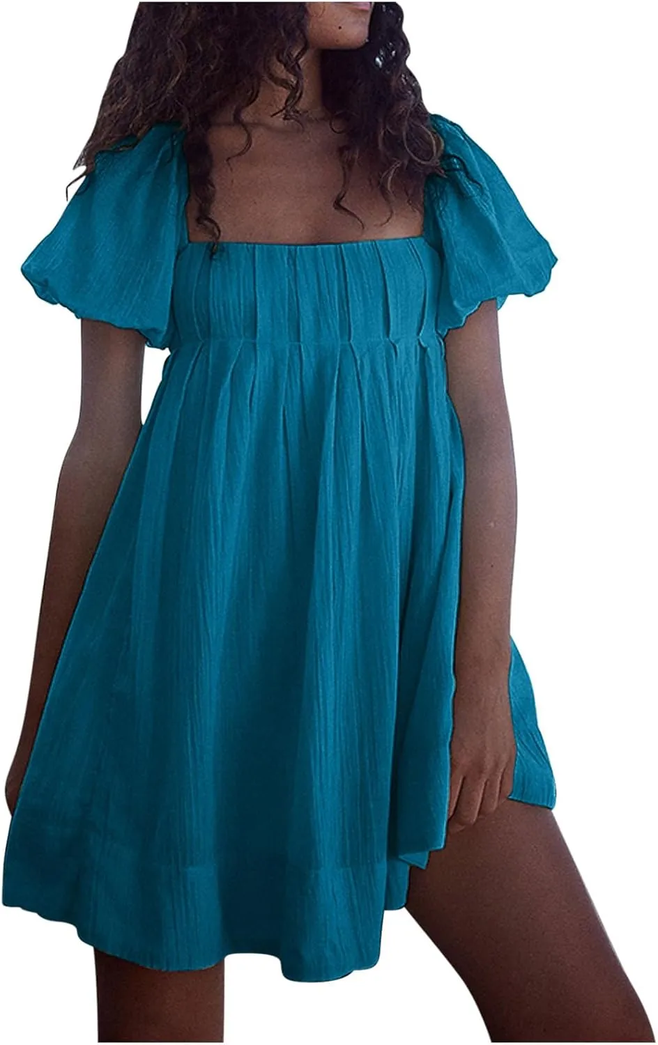 2025 Women's Puff Sleeve Sweet Mini Dress Square Neck Flowy Adorable and Retro Dresses for Picnics, Summer Vacations