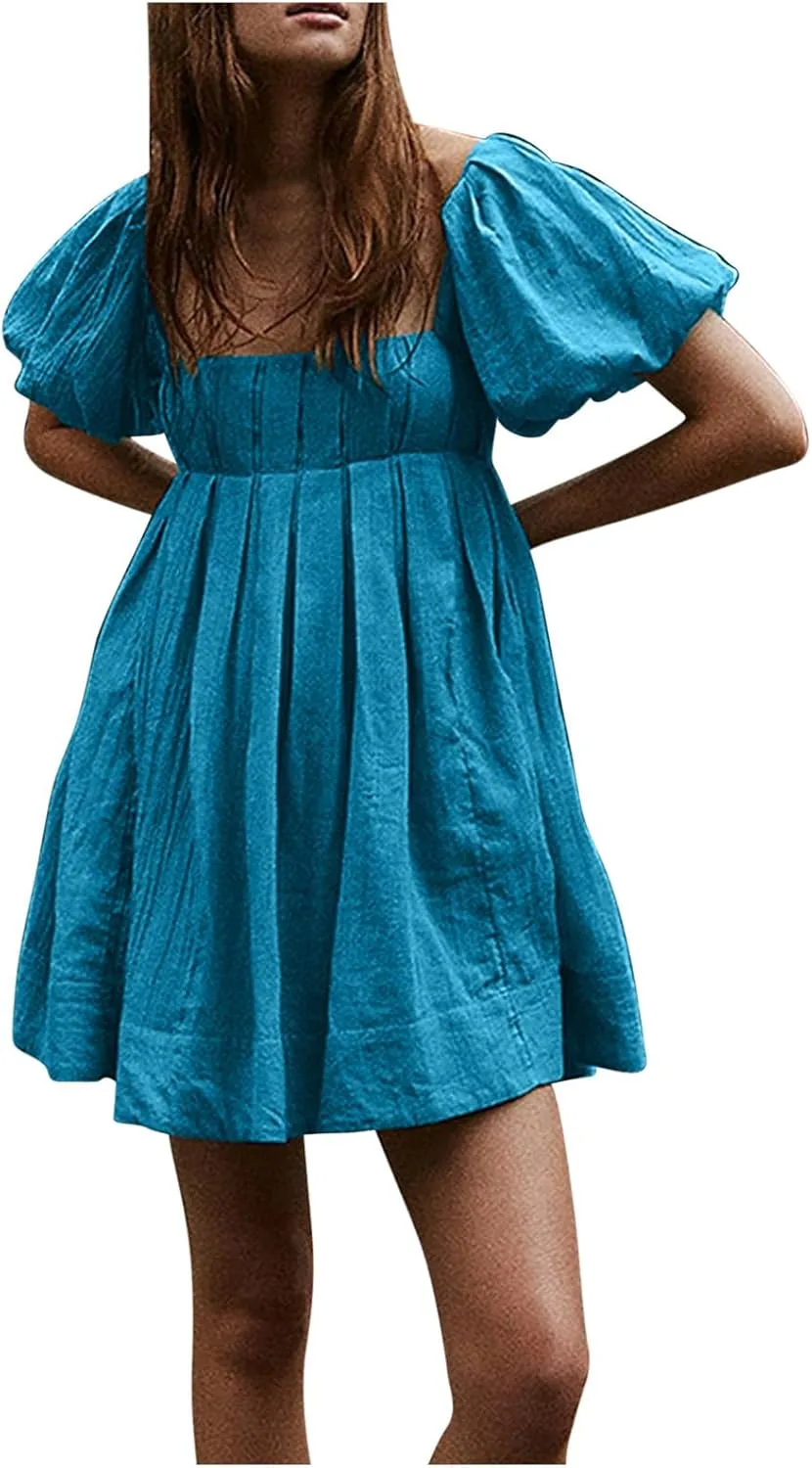2025 Women's Puff Sleeve Sweet Mini Dress Square Neck Flowy Adorable and Retro Dresses for Picnics, Summer Vacations