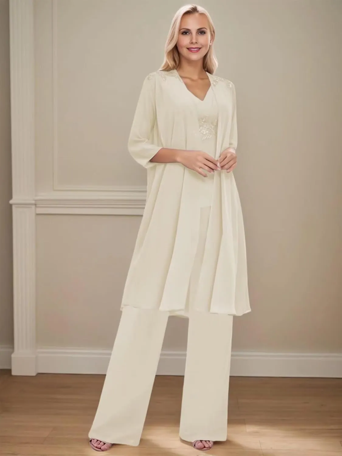 3 Piece Mother of The Bride Pantsuits Chiffon V-Neck Applique Zipper Pant Suits for Formal Wedding with Long Jackets