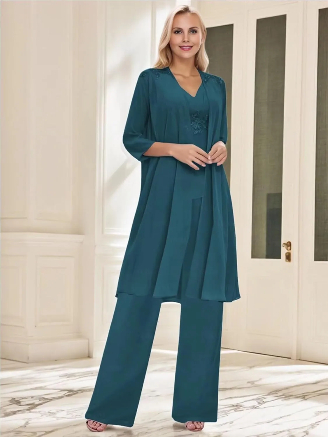 3 Piece Mother of The Bride Pantsuits Chiffon V-Neck Applique Zipper Pant Suits for Formal Wedding with Long Jackets