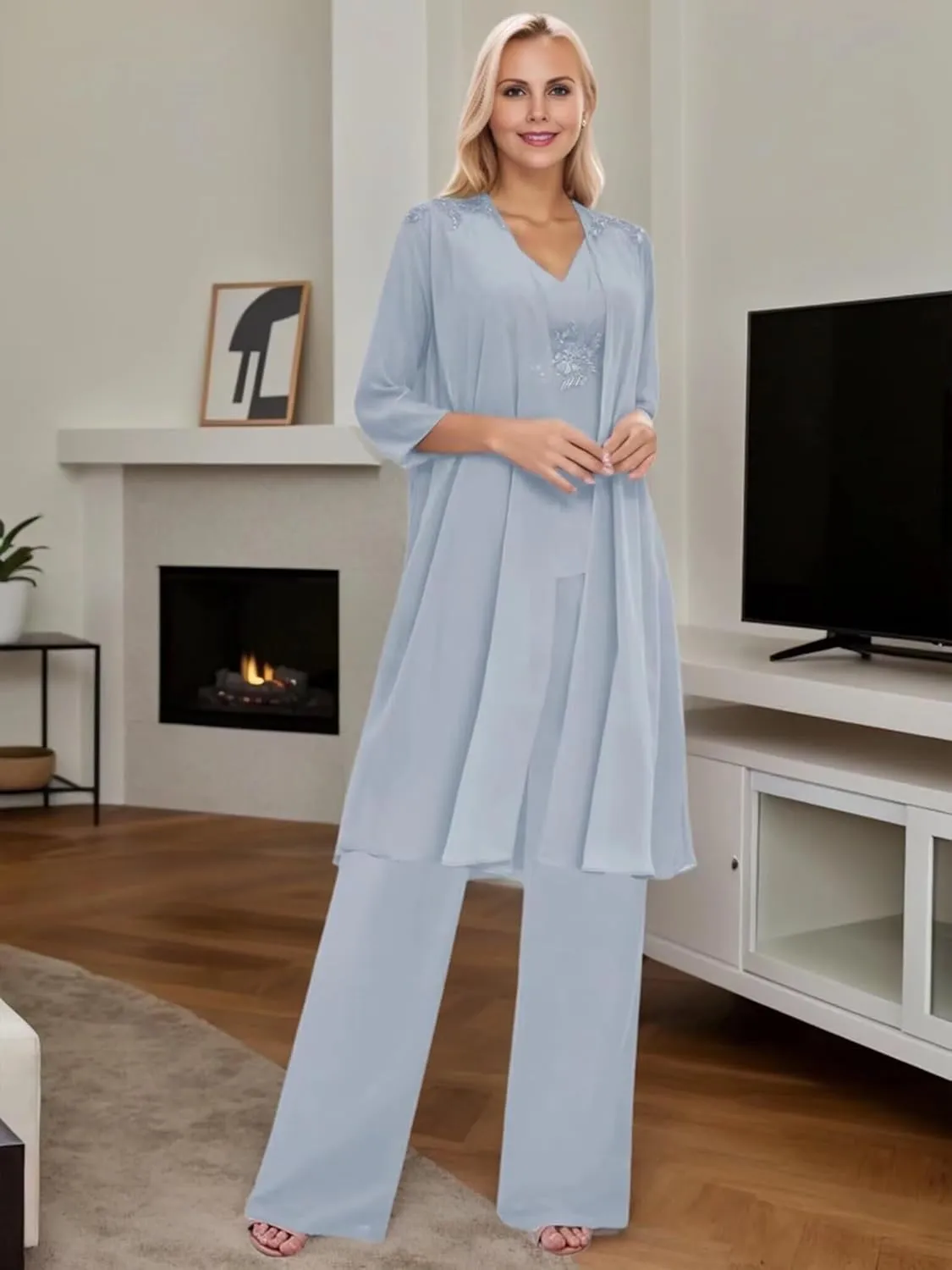 3 Piece Mother of The Bride Pantsuits Chiffon V-Neck Applique Zipper Pant Suits for Formal Wedding with Long Jackets