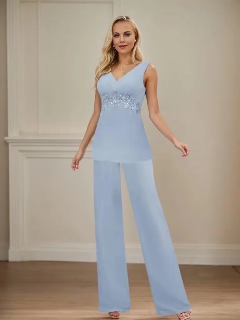 3 Piece Mother of The Bride Pantsuits Chiffon V-Neck Applique Zipper Pant Suits for Formal Wedding with Long Jackets