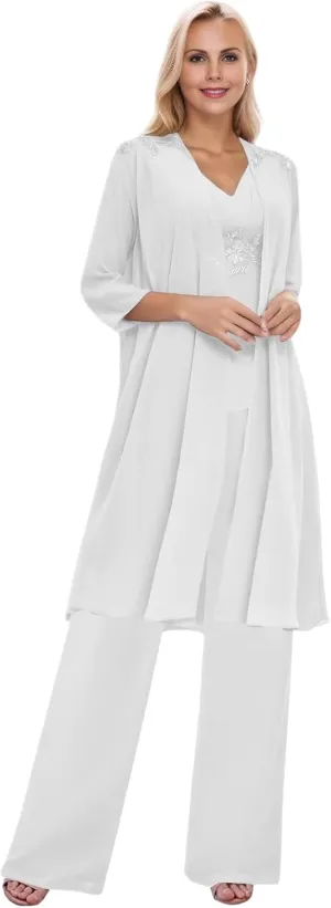 3 Piece Mother of The Bride Pantsuits Chiffon V-Neck Applique Zipper Pant Suits for Formal Wedding with Long Jackets
