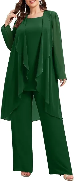 3 Pieces Chiffon Mother of The Bride Pant Suits Plus Size Women Wedding Formal Outfit Set Evening Gown PG30