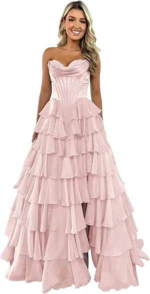 A-Line Tiered Chiffon Prom Dresses Strapless Appliques Evening Dresses with Slit Corset Back