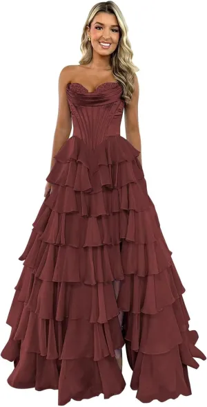 A-Line Tiered Chiffon Prom Dresses Strapless Appliques Evening Dresses with Slit Corset Back