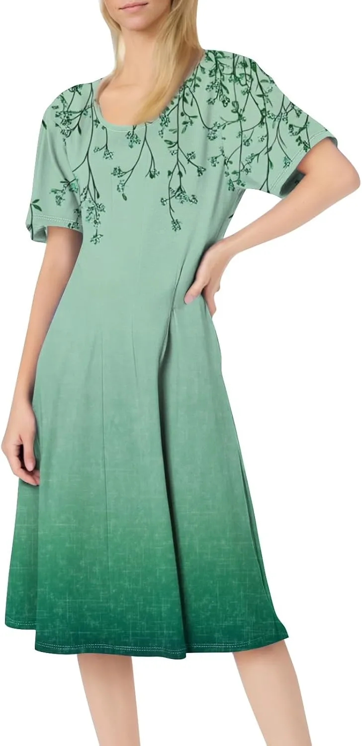ADHOWBEW Plus Size Dresses for Women O Neck Trendy Cute Casual Loose Fit Hawaiian Short Sleeve Beach Dresses