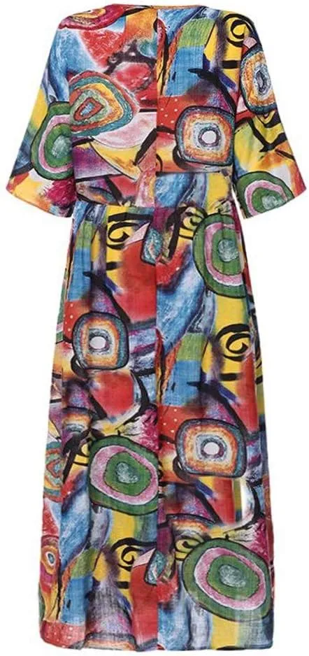 aihihe Womens Loose Long Casual Plus Size Dress 3/4 Sleeve Pocket Print Kaftan Beach Maxi Long Dress