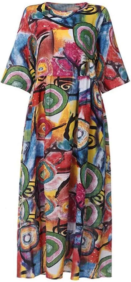 aihihe Womens Loose Long Casual Plus Size Dress 3/4 Sleeve Pocket Print Kaftan Beach Maxi Long Dress