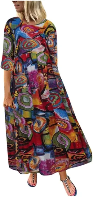 aihihe Womens Loose Long Casual Plus Size Dress 3/4 Sleeve Pocket Print Kaftan Beach Maxi Long Dress