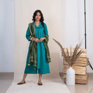 Akiso Blue V Neck Multiple Pleats Kurta With Palazzo And Green Dupatta (Set of 3)