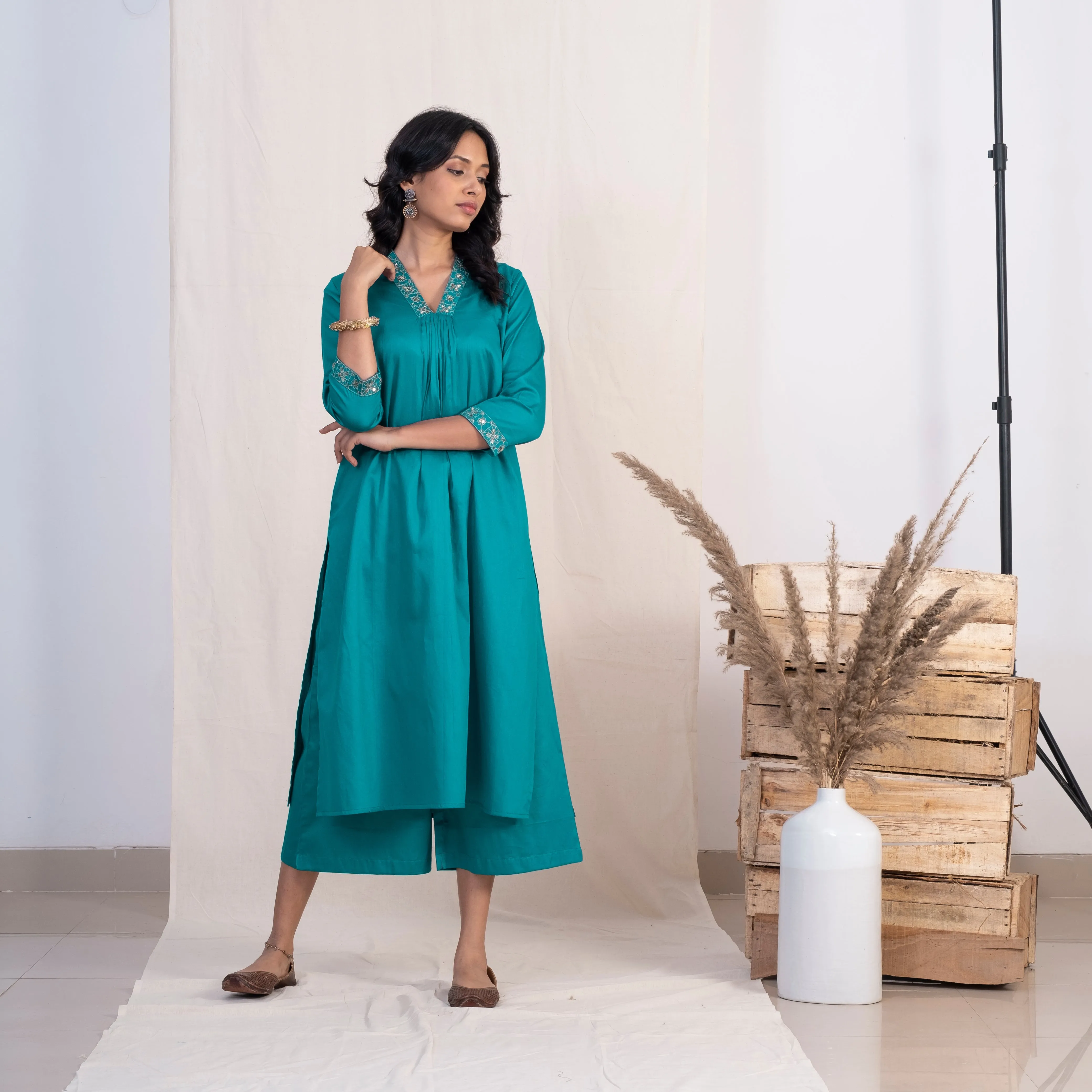 Akiso Blue V Neck Multiple Pleats Kurta With Palazzo And Green Dupatta (Set of 3)