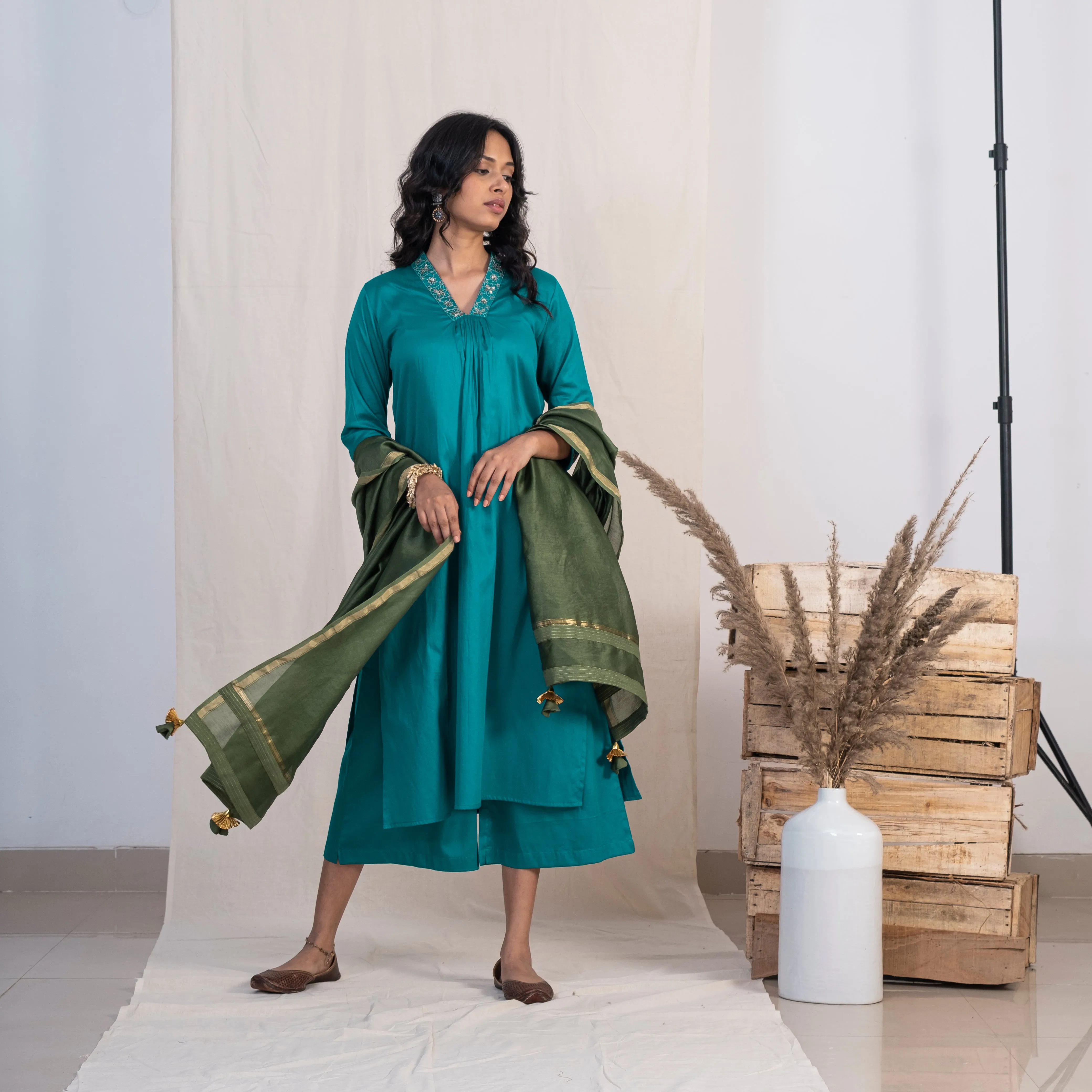 Akiso Blue V Neck Multiple Pleats Kurta With Palazzo And Green Dupatta (Set of 3)