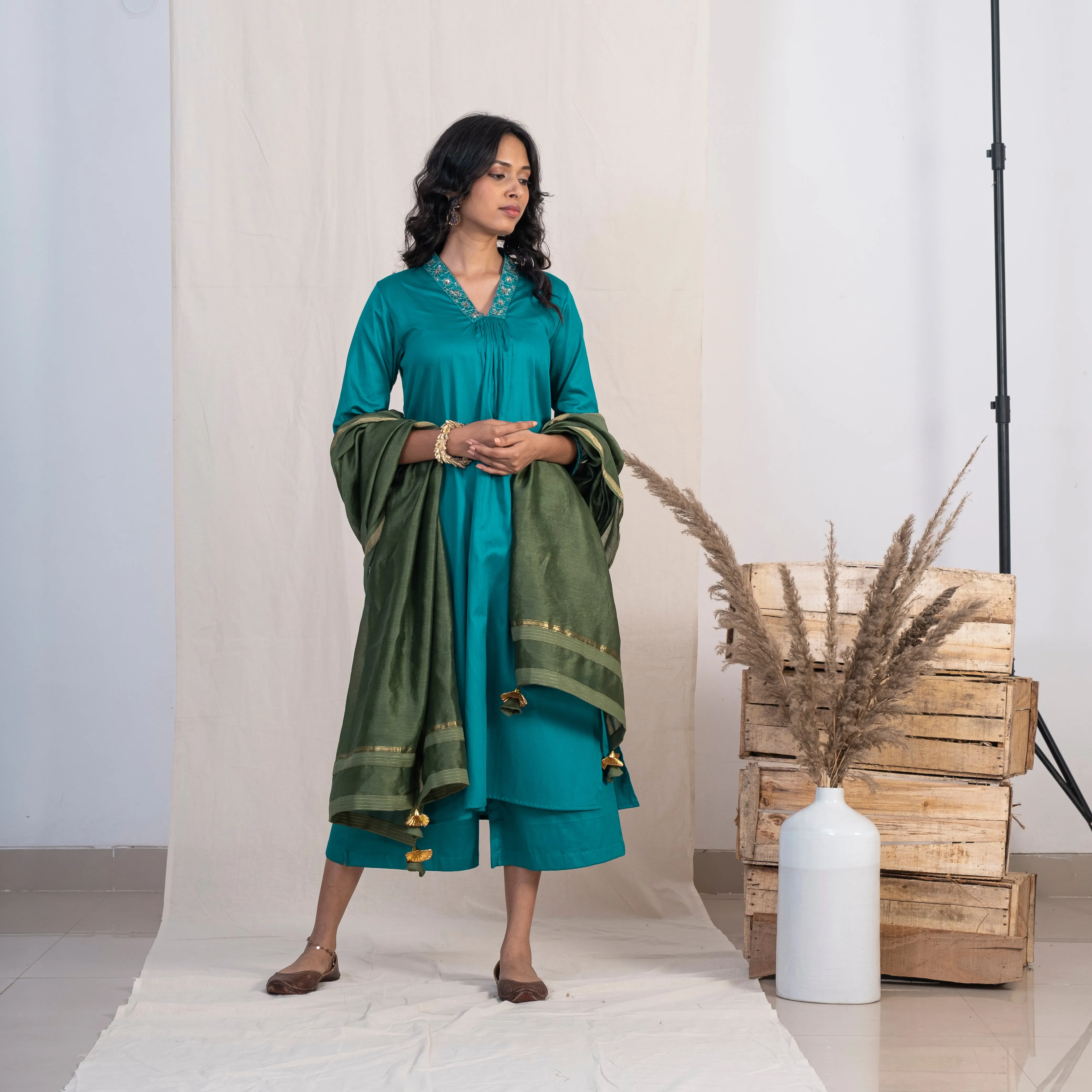 Akiso Blue V Neck Multiple Pleats Kurta With Palazzo And Green Dupatta (Set of 3)