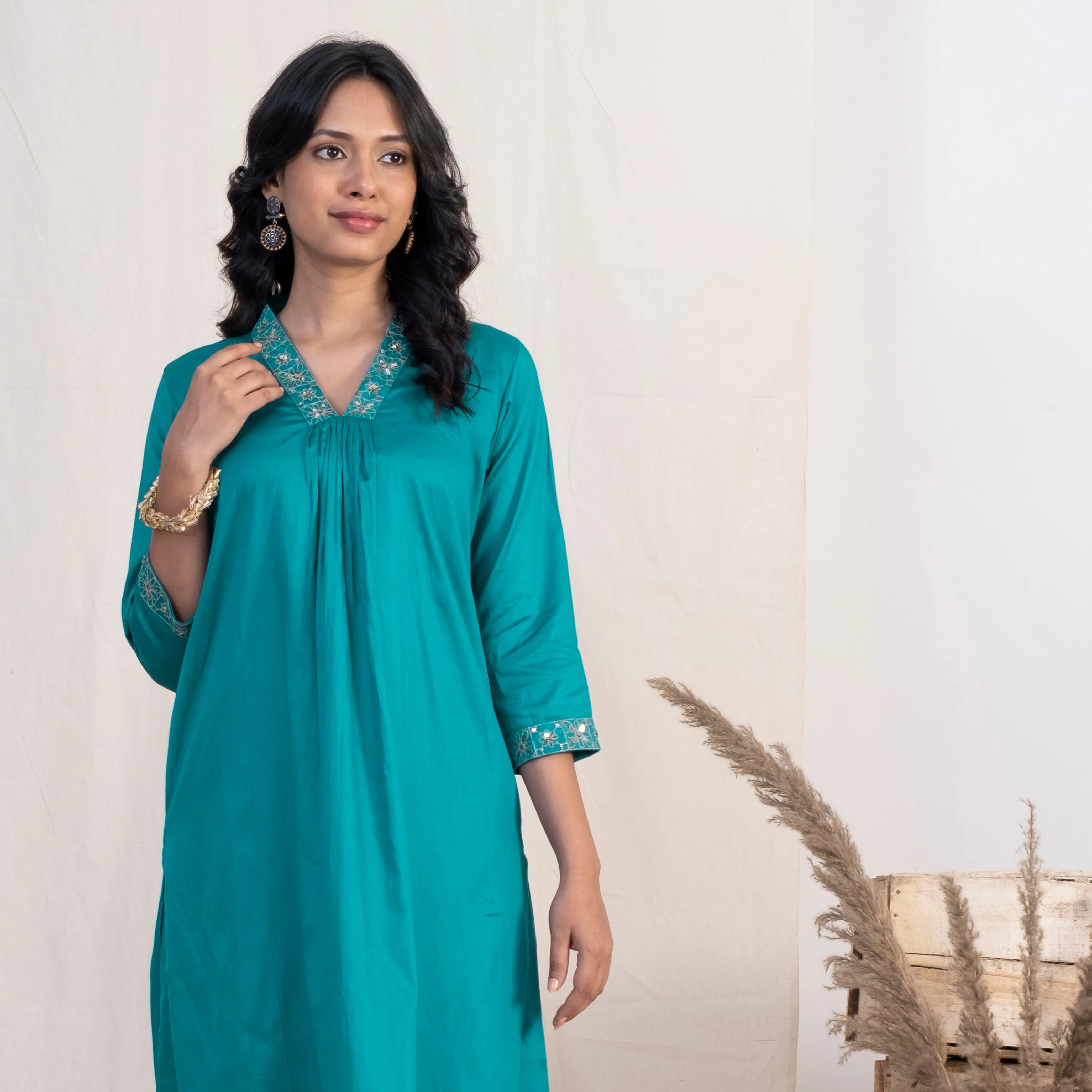 Akiso Blue V Neck Multiple Pleats Kurta With Palazzo And Pink Dupatta (Set of 3)