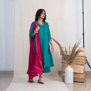 Akiso Blue V Neck Multiple Pleats Kurta With Palazzo And Pink Dupatta (Set of 3)