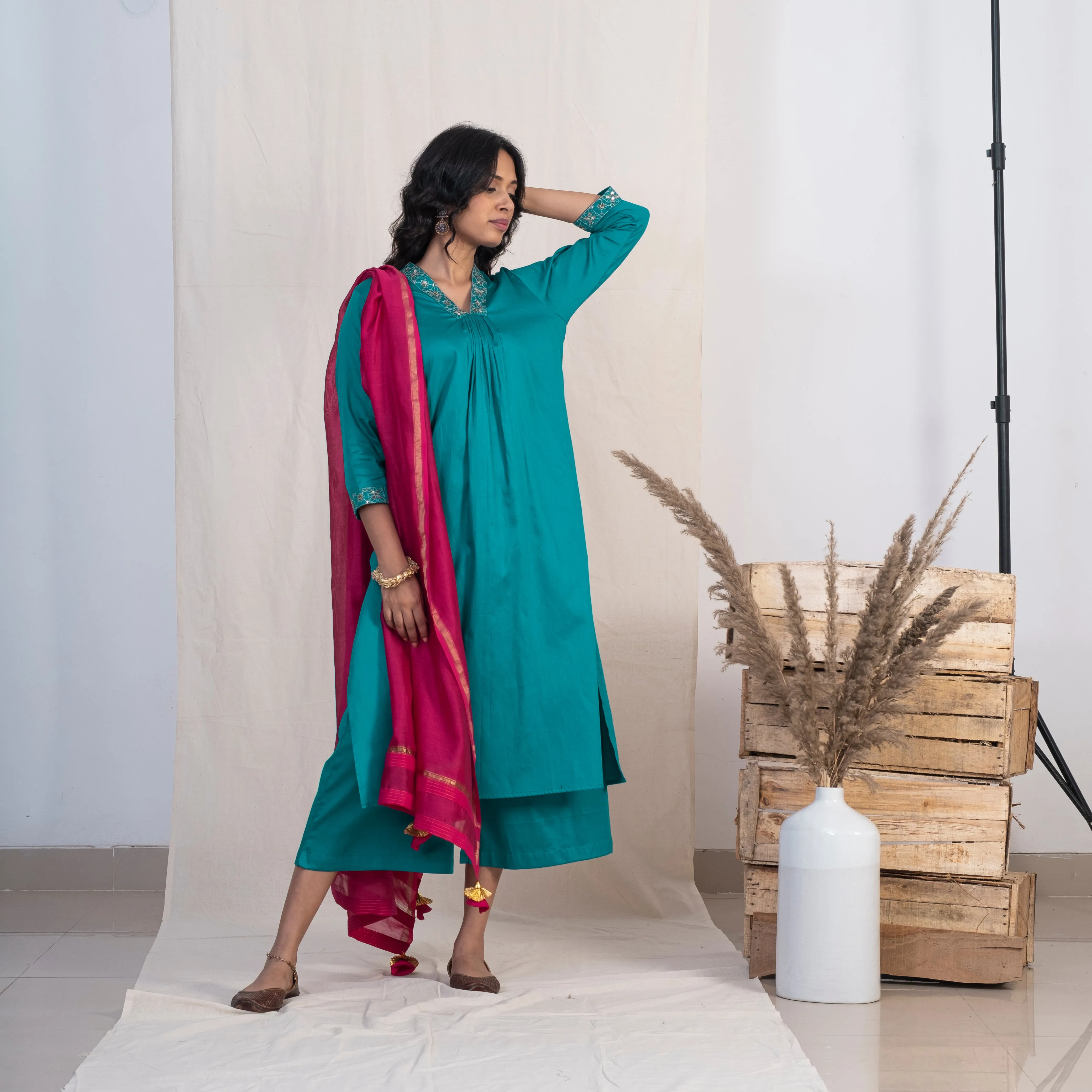 Akiso Blue V Neck Multiple Pleats Kurta With Palazzo And Pink Dupatta (Set of 3)
