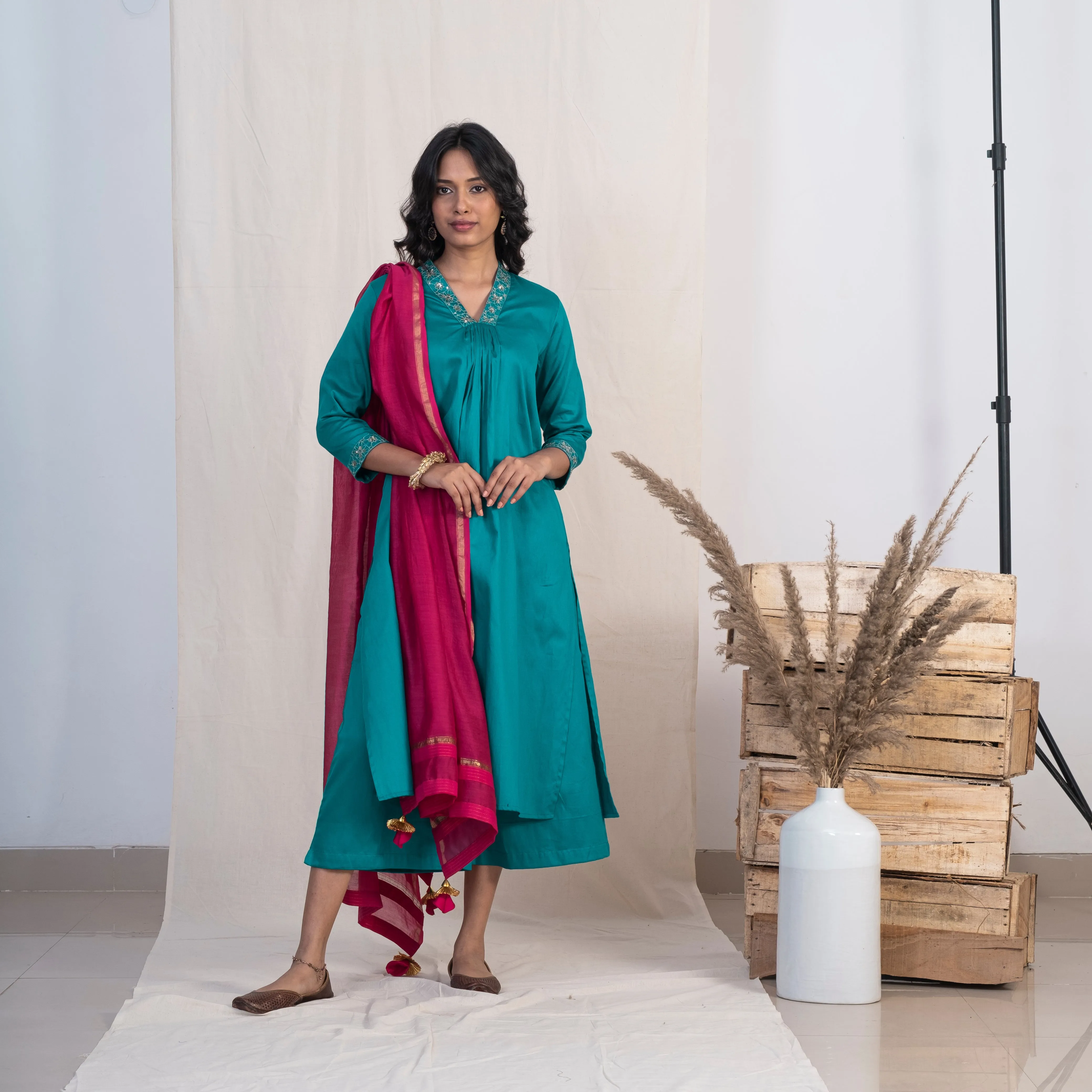 Akiso Blue V Neck Multiple Pleats Kurta With Palazzo And Pink Dupatta (Set of 3)