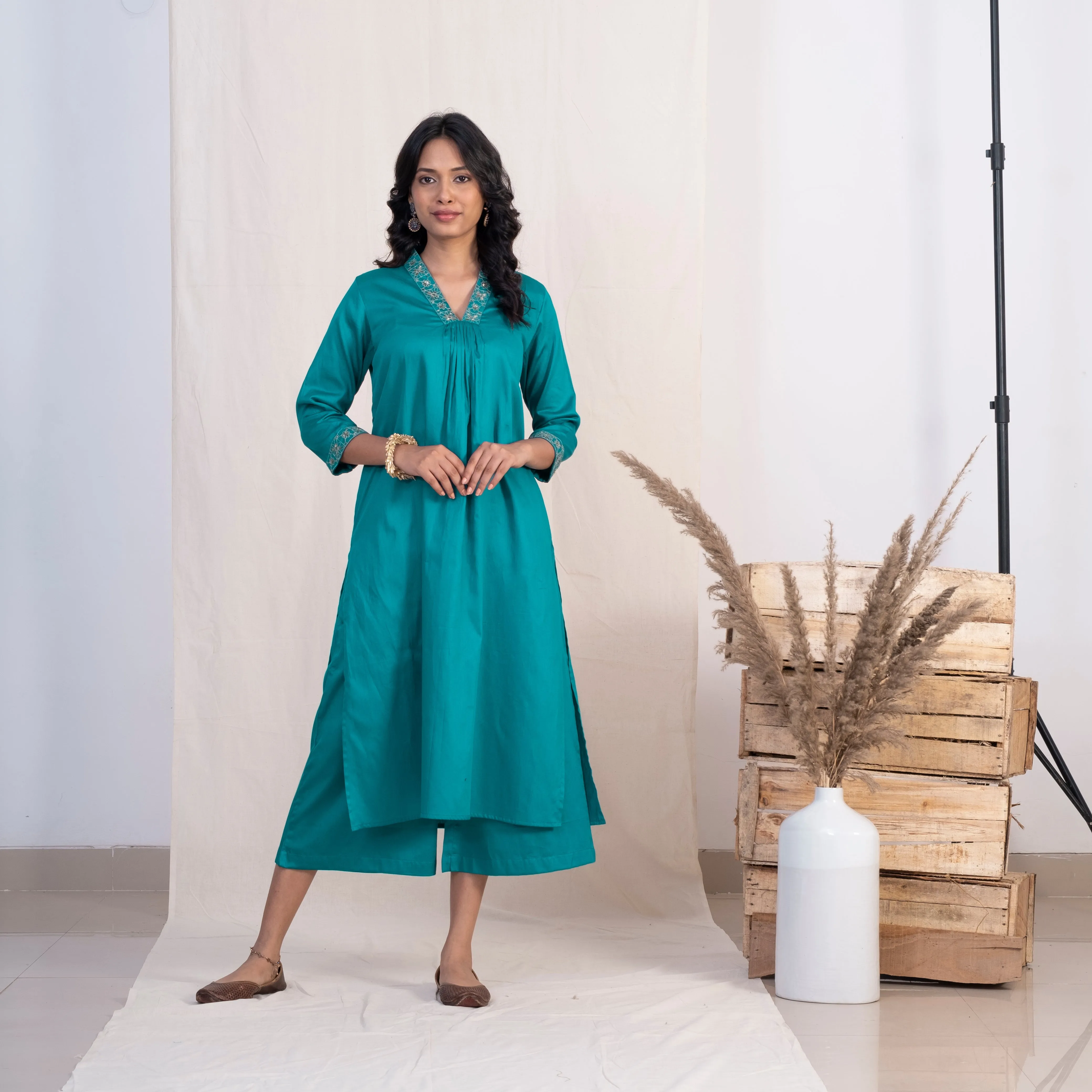 Akiso Blue V Neck Multiple Pleats Kurta With Palazzo And Pink Dupatta (Set of 3)