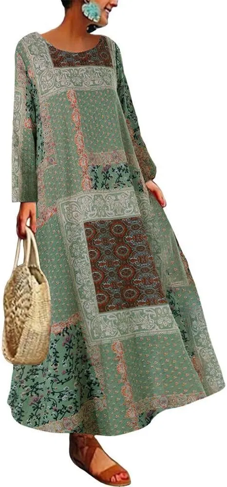 Akivide Women's Boho Ethnic Style Cotton Linen Dress Plus Size Crewneck 3/4 Sleeve Maxi Dresses 2024