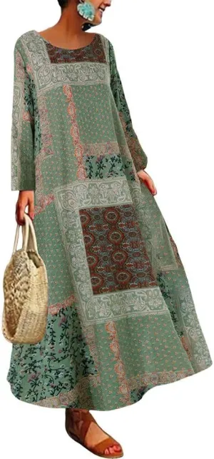 Akivide Women's Boho Ethnic Style Cotton Linen Dress Plus Size Crewneck 3/4 Sleeve Maxi Dresses 2024