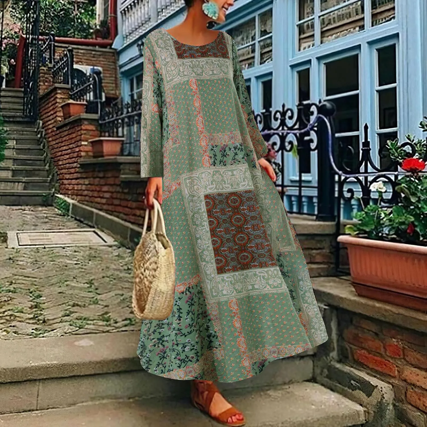 Akivide Women's Boho Ethnic Style Cotton Linen Dress Plus Size Crewneck 3/4 Sleeve Maxi Dresses 2024