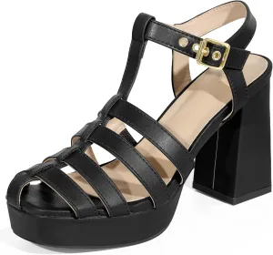Allegra K Women's Gladiator Platform Square Toe T-Strap Chunky Heel Fisherman Sandals