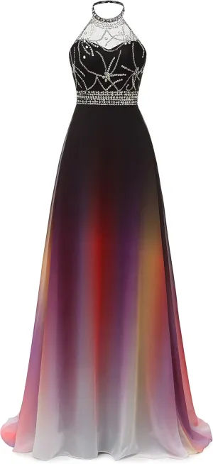 Angela Halter Ombre Long Evening Prom Dresses Chiffon Wedding Party Gowns Beaded Colorful12