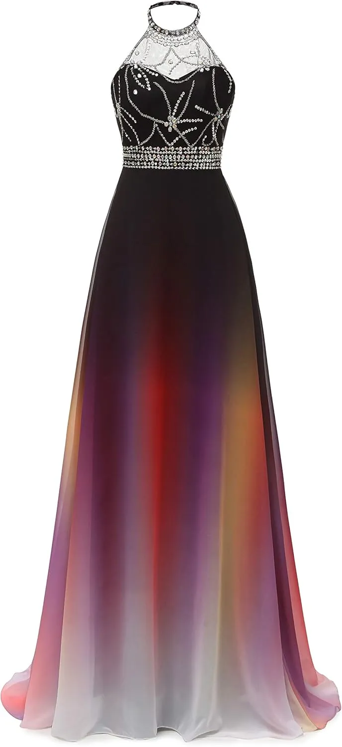 Angela Halter Ombre Long Evening Prom Dresses Chiffon Wedding Party Gowns Beaded Colorful12
