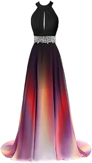 Angela Halter Ombre Long Evening Prom Dresses Chiffon Wedding Party Gowns Beaded Colorful6