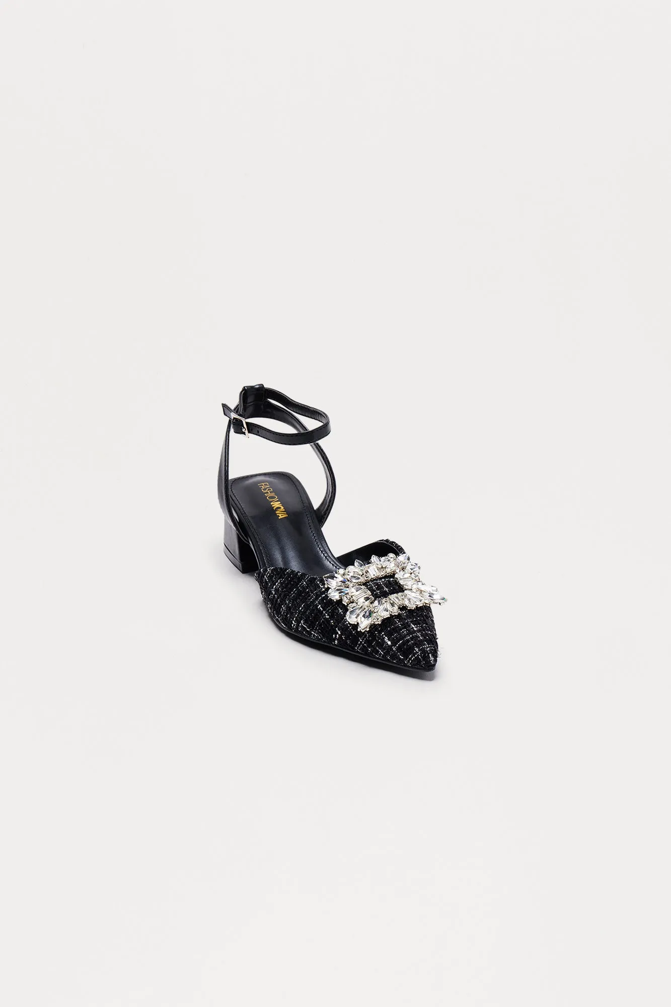Anna Tweed Embellished Kitten Heels - Black