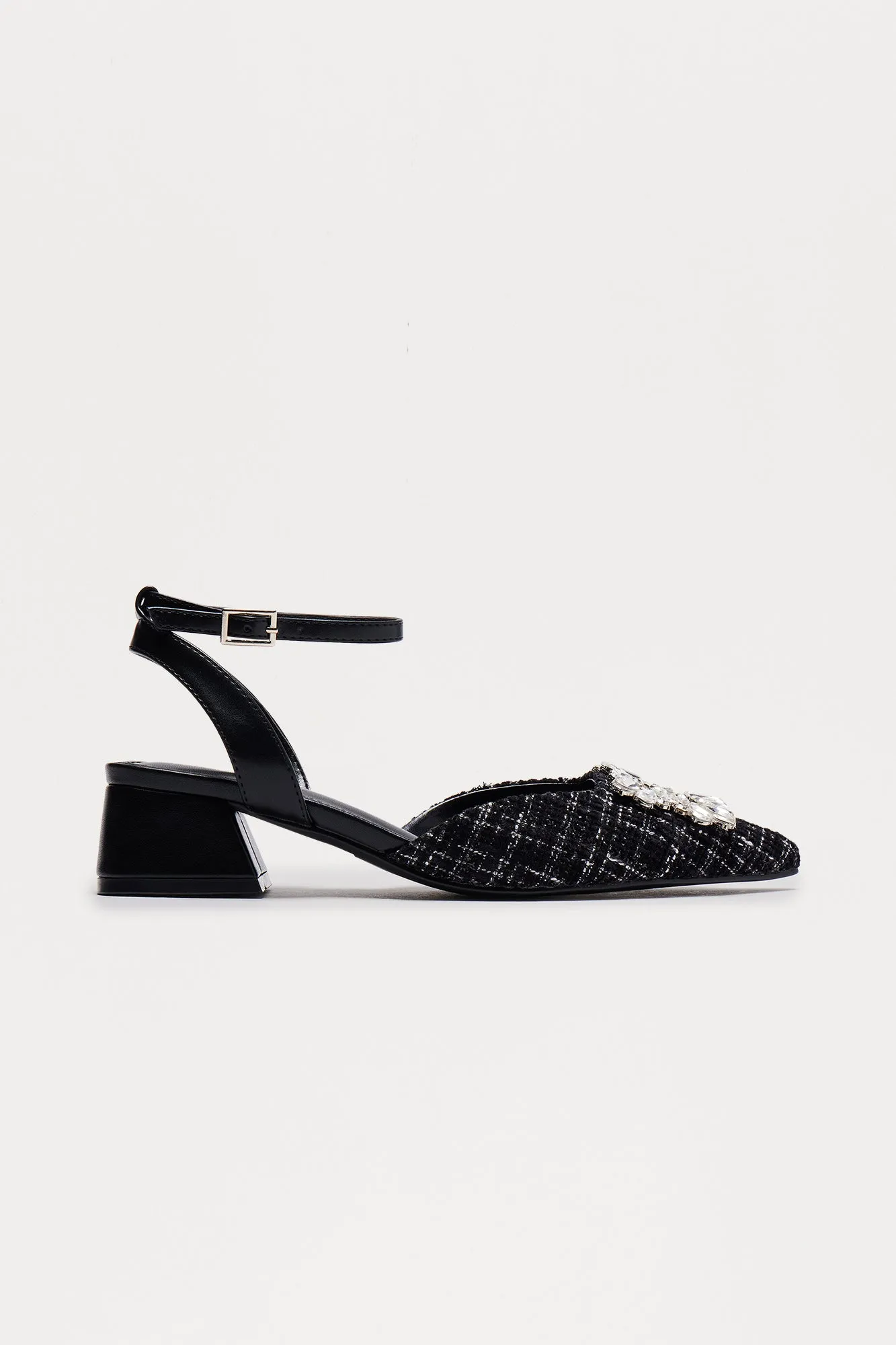 Anna Tweed Embellished Kitten Heels - Black