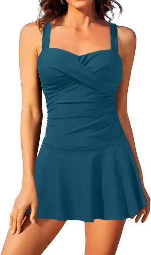Aqua Eve One Piece Swim Dress Tummy Control Swimsuit with Skirt Modest Bathing Suit Vintage Swimdress