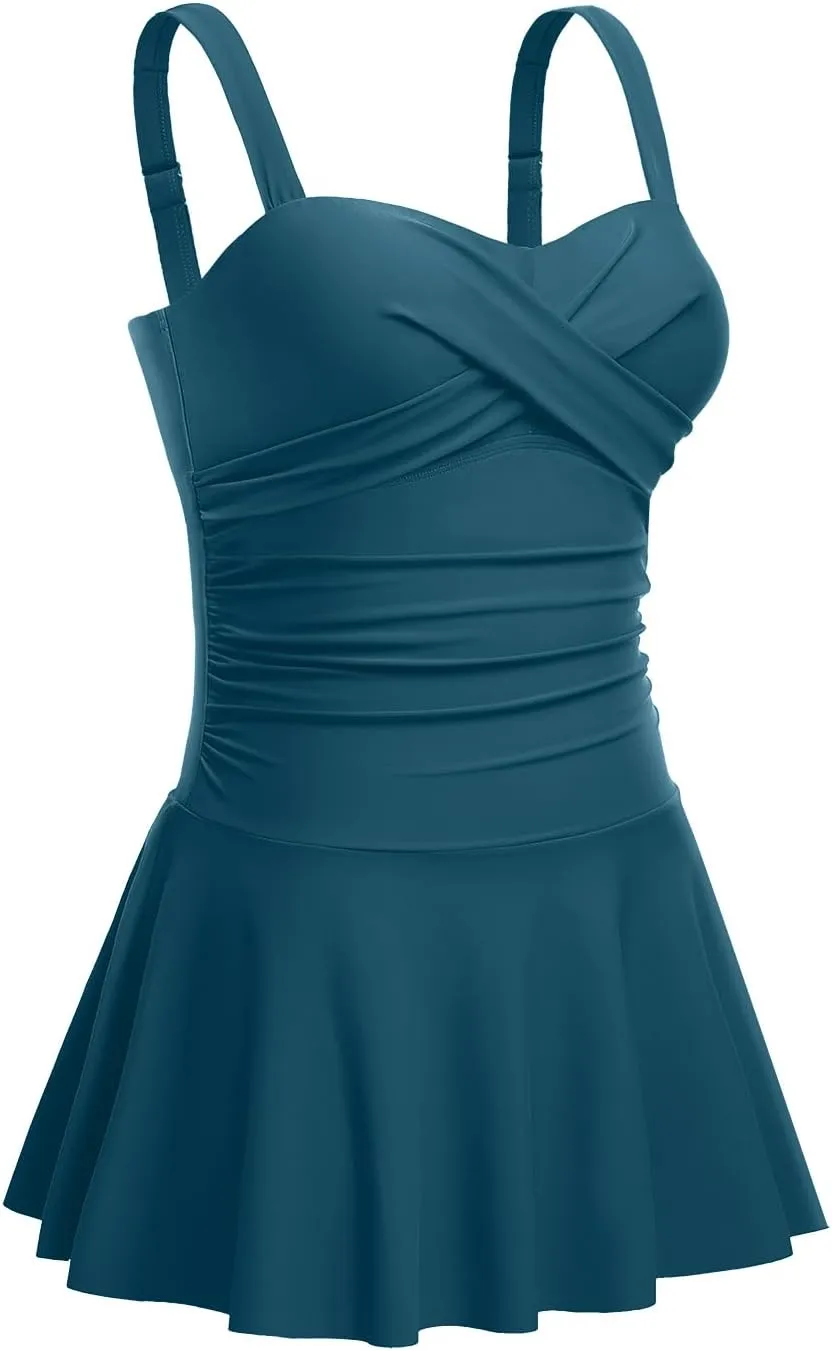 Aqua Eve One Piece Swim Dress Tummy Control Swimsuit with Skirt Modest Bathing Suit Vintage Swimdress
