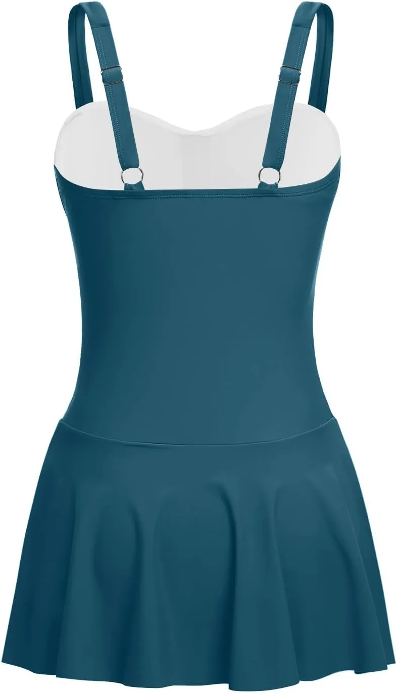 Aqua Eve One Piece Swim Dress Tummy Control Swimsuit with Skirt Modest Bathing Suit Vintage Swimdress