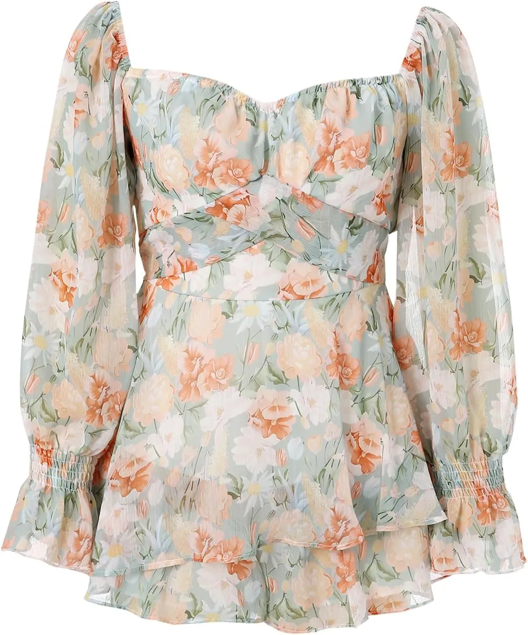 Awoscut Women's Lantern Sleeve Off Shoulder Romper Dress Square Neck Casual Ruffle Flowy Mini Short Skater Dresses