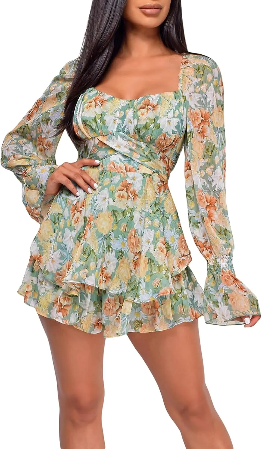 Awoscut Women's Lantern Sleeve Off Shoulder Romper Dress Square Neck Casual Ruffle Flowy Mini Short Skater Dresses