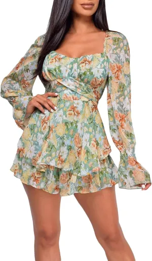 Awoscut Women's Lantern Sleeve Off Shoulder Romper Dress Square Neck Casual Ruffle Flowy Mini Short Skater Dresses