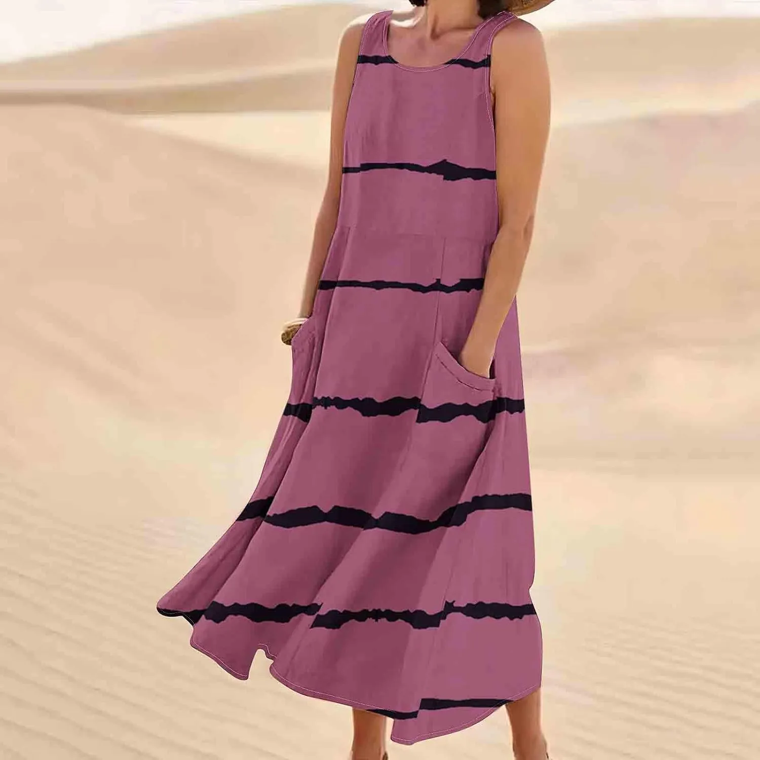 Aymnlox Womens Plus Size Summer Dress Strap Sleeveless Casual Long Sundress Elegant Ruffle Hem Striped Graphic Dresses